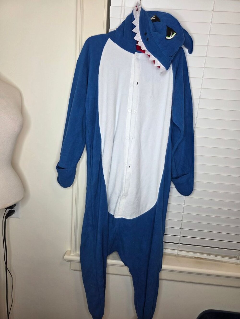 Adult Blue Shark Costume One piece PJ's M Fleece Hooded halloween party